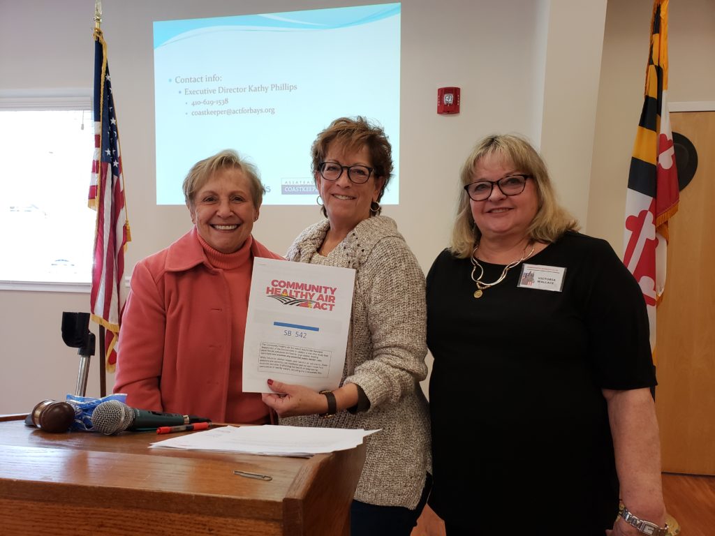 Kathy Phillips, Coastkeeper and Executive Director of the Assateague Coastal Trust, was the speaker at the February meeting of the DWC.  Phillips spoke about legislative priorities for 2019, including the Community Healthy Air Act.  Pictured, left to right, Harriet Batis, DWC Co-Vice-President; Phillips; and Vicky Wallace, DWC President.